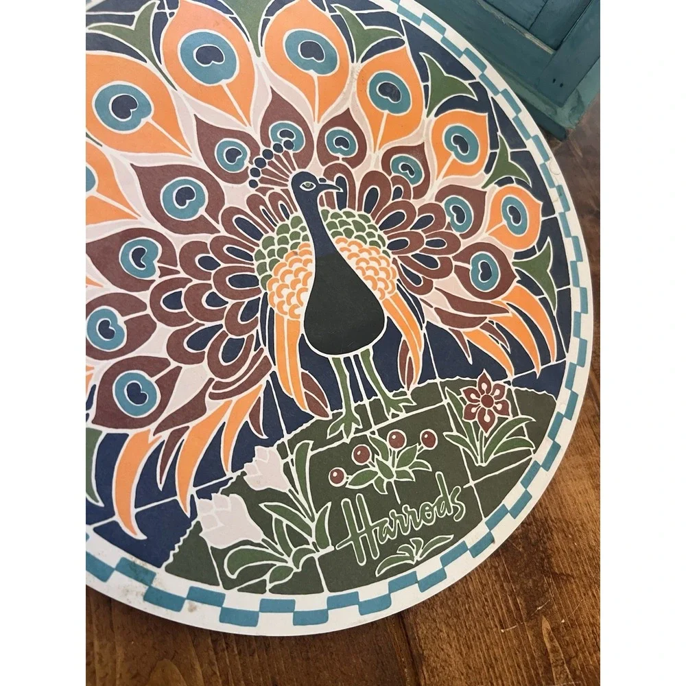 Vtg Harrods Peacock Melamine Round Cutting Board Wall Hanging